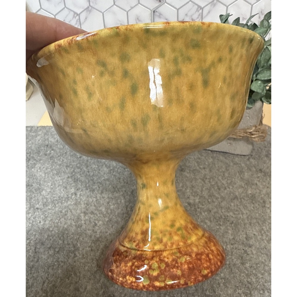 Vintage Haeger USA Gold Green Orange Drip Glaze Pedestal Compote Planter - Picture 4 of 6